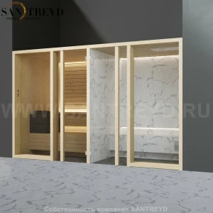 Effegibi YOKU.G SH YO.30110001 Комбинированная баня: хаммам и сауна. Установка: в нишу. Мощность: 10,5 кВт макс. Размеры: длина 342 см, ширина 170 см. Отделка: осина термообработанная и светлый керамогранит