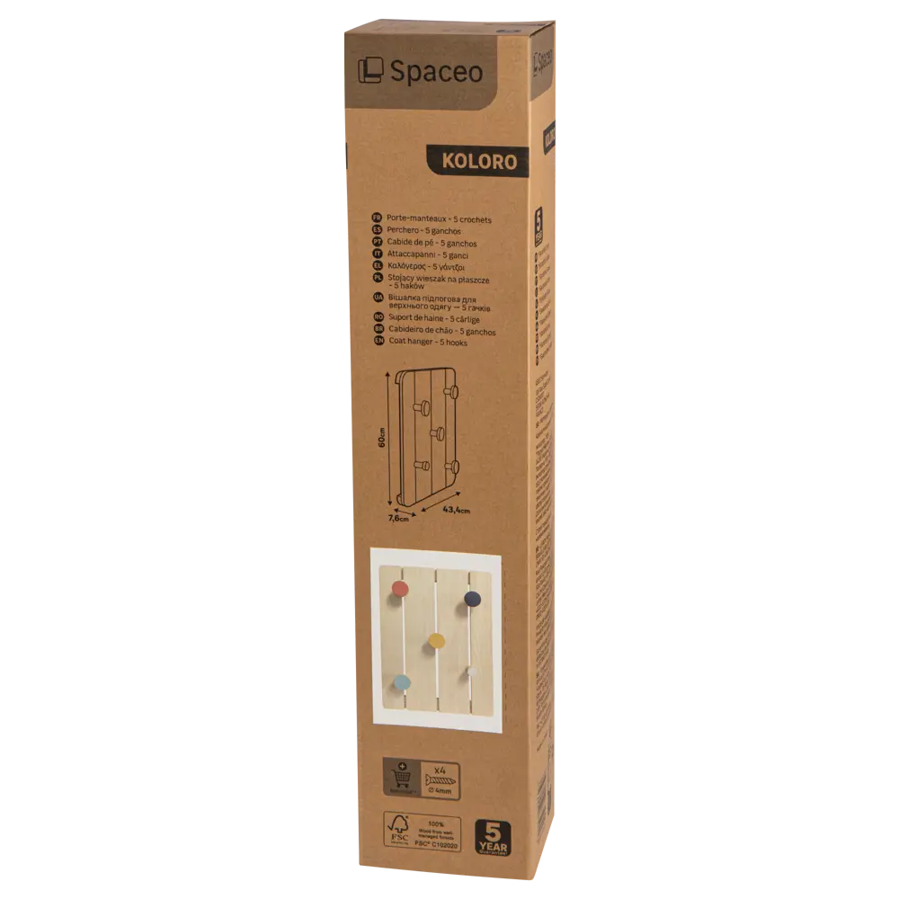 SPACEO Вешалка настенная Koloro - 5 крючков из натурального дерева 87897008 STLM-1475430 - Вид №3