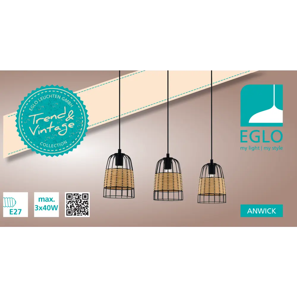 Подвесной светильник Eglo Anwick 3x40 Вт, цвет черный ротанг 82928065 STLM-2147764  - Вид №2