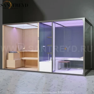 Effegibi BODYLOVE SH BL40130004 Фронтальная комбинированная баня: хаммам и сауна. Установка: в левый угол. Мощность: 15 кВт макс. Размеры: длина 393 см, ширина 176 см. Отделка: канадский хемлок, гладкое стекло и гладкий хемлок.