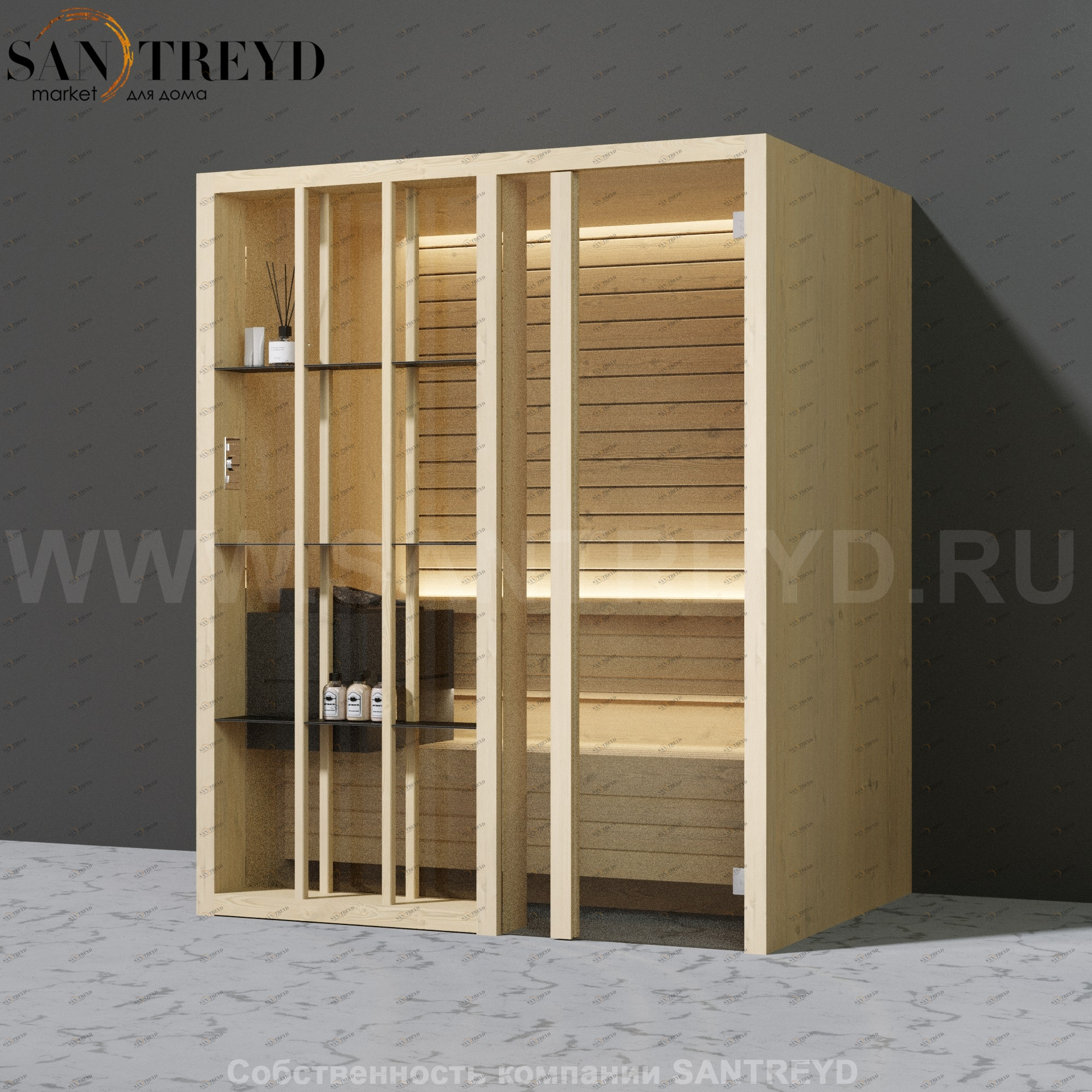 Effegibi YOKU.S45 SA.70100021 Сауна с правой дверью. Мощность: 4,5 кВт макс. Размеры: длина 174 см, ширина 132 см. Отделка: осина термообработанная SA70100021