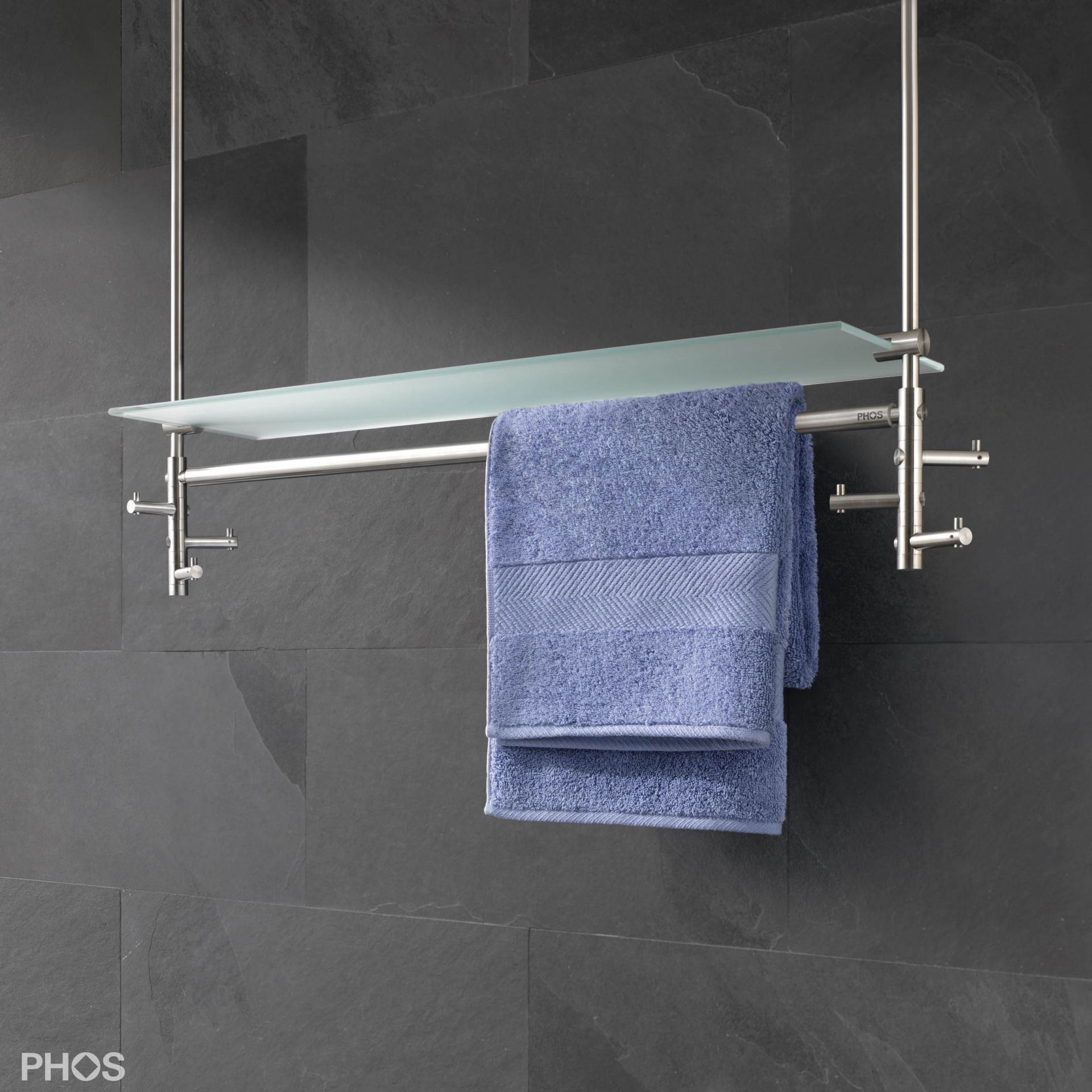 T3DG-B Потолочная вешалка для полотенец, 2 x 3 вращающихся крючка, стеклянная полка PHOS 