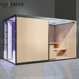 Effegibi BODYLOVE SH BL45130001 Боковая комбинированная баня: хаммам и сауна. Установка: в правый угол. Мощность: 15 кВт макс. Размеры: длина 393 см, ширина 176 см. Отделка: канадский хемлок, гладкое стекло и гладкий хемлок.