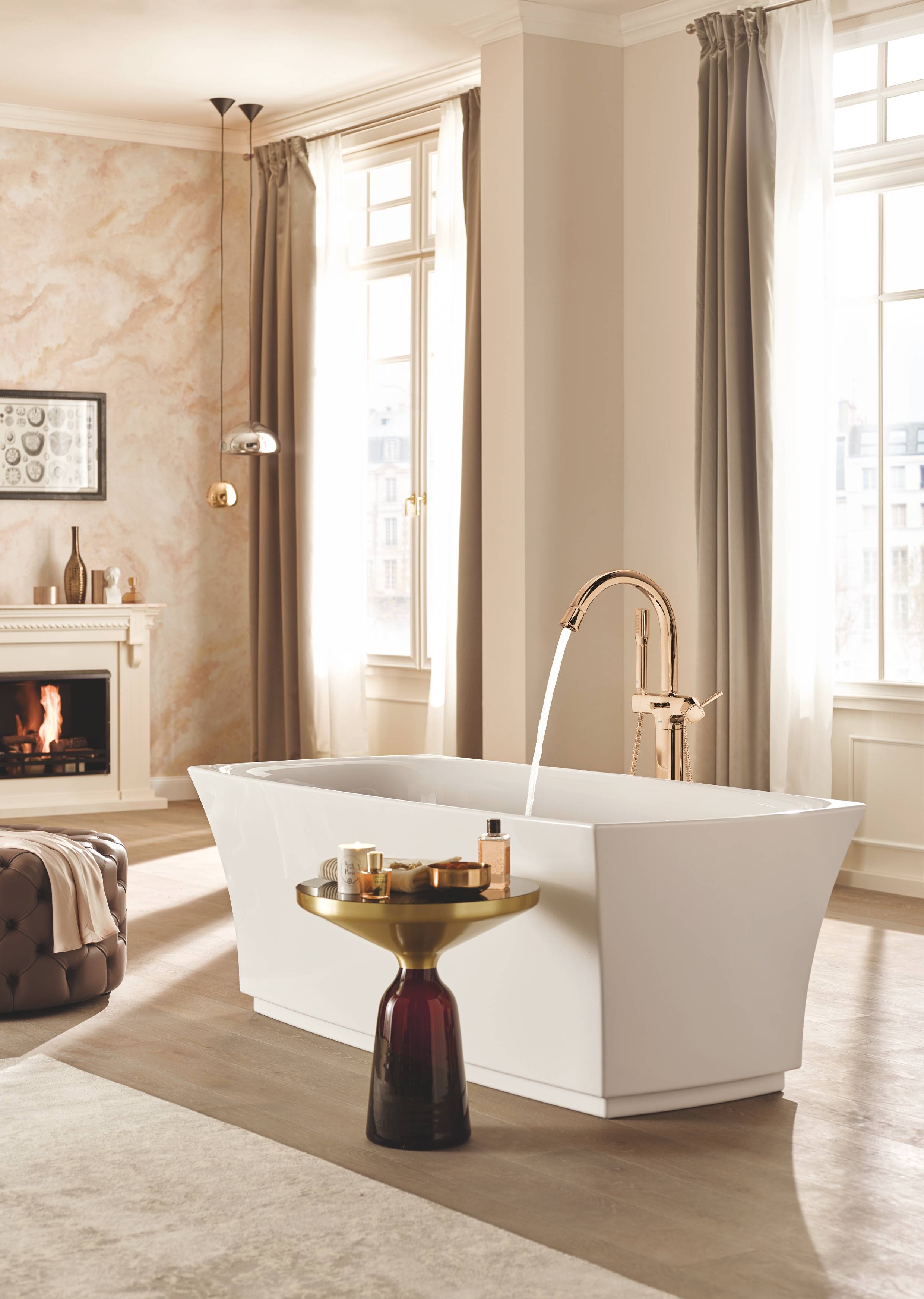 Смеситель для ванны GROHE Grandera с душевым гарнитуром, верхняя монтажная часть, напольный монтаж, теплый закат глянец (23318DA0) - Вид №5