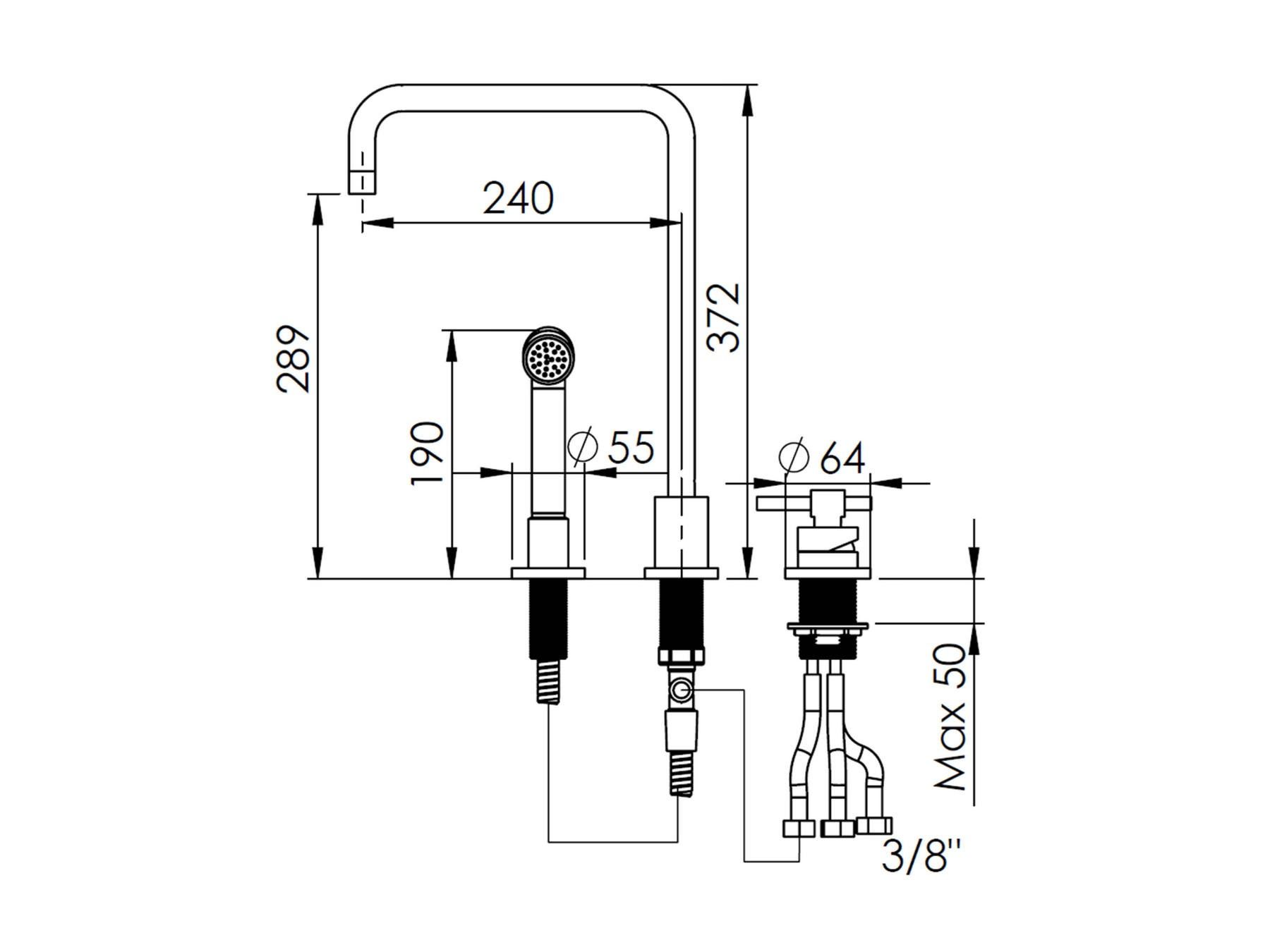 Смеситель для кухни с 3 отверстиями с выдвижным ручным душем rvb ARCH-00107236 - Вид №2