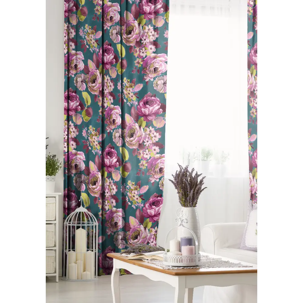 Штора на ленте «Пионы» 145x260 см цвет бирюзовый SEASONS STLM-2089893 - Вид №1