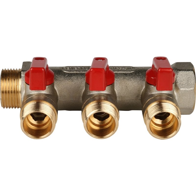 Коллектор с шаровыми кранами 3/4" STOUT 3 выхода 1/2", красные ручки SMB6200341203 - Вид №2