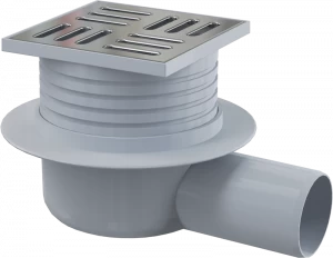 Сливной трап 105×105/50 мм боковой сток, решетка из нержавеющей стали, гидрозатвор мокрый