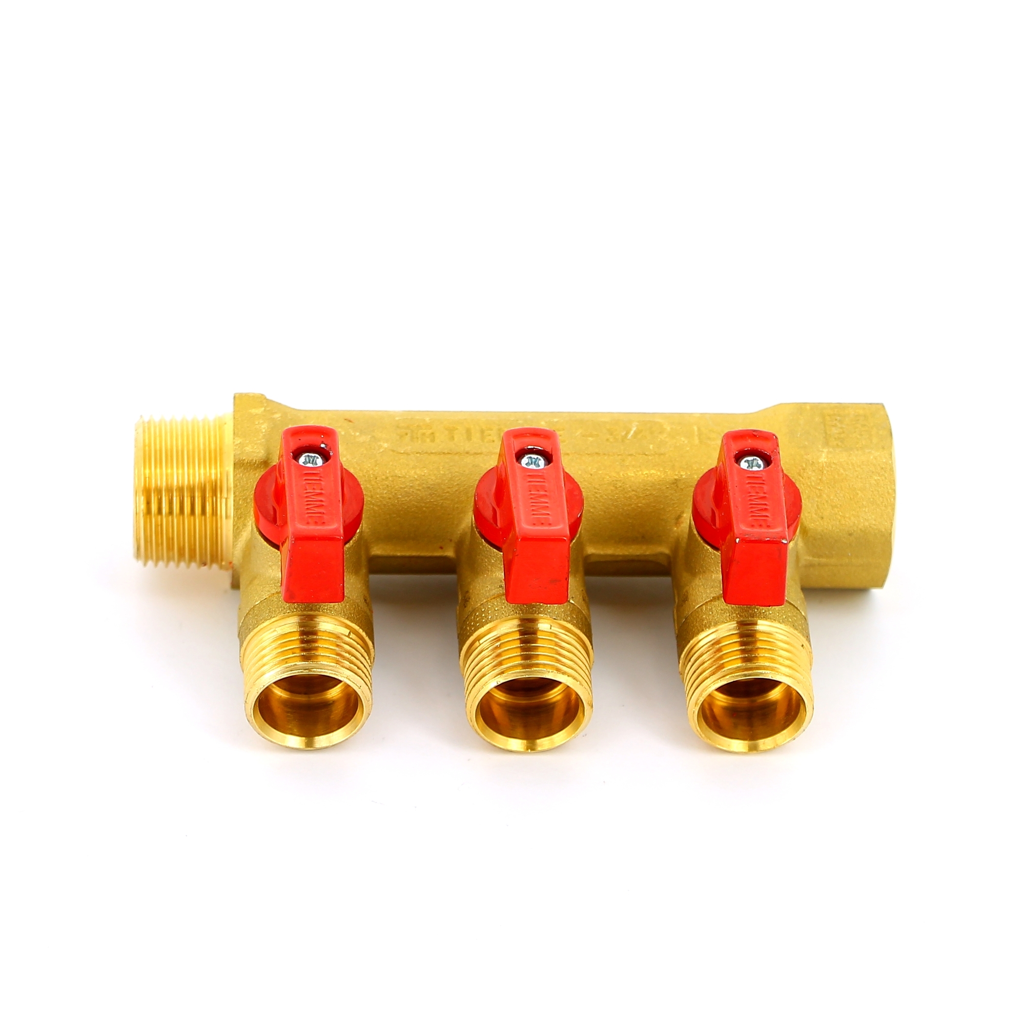 Коллектор НВ 3/4" с кранами TIEMME 3 выхода 1/2"Н 36мм (цвет пластиковых ручек по выбору) 1820001