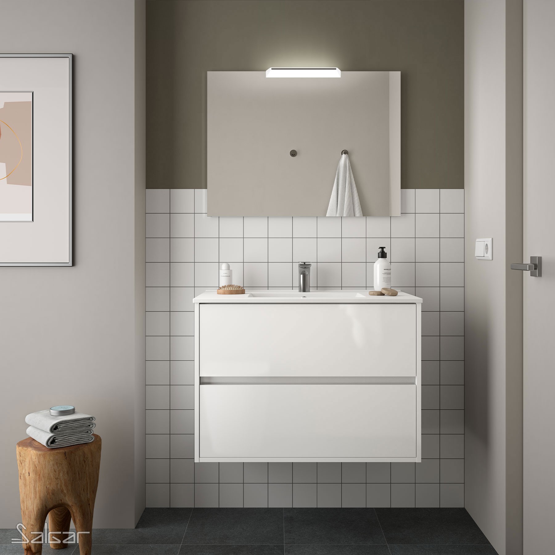 85040 SALGAR Комплект мебели для ванной NOJA 800 WHITE GLOSS LACQUERED + Раковина + Зеркало + Свет Глянцевый белый
