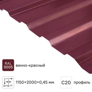 Профнастил С20 0.45 мм 1150x2000 м RAL 3005 вишня 82625515 STLM-2006709
