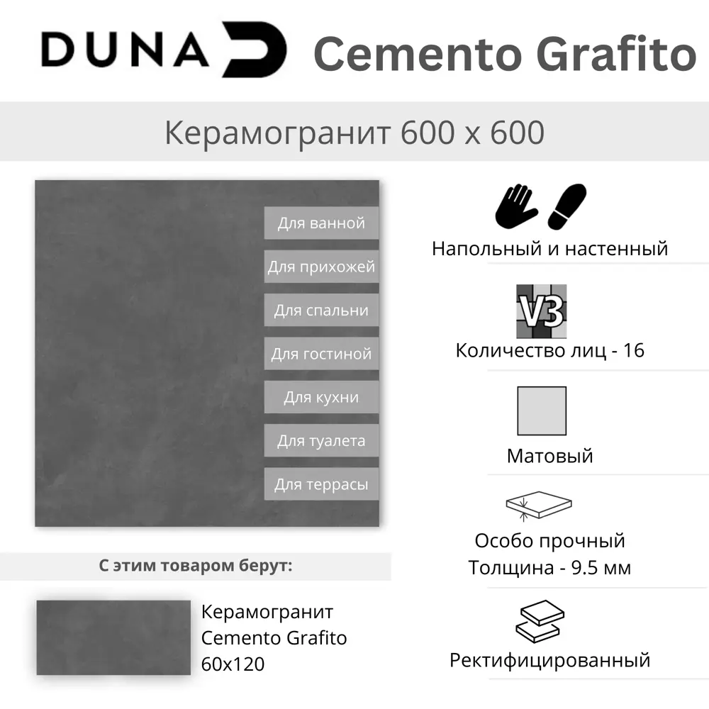 Керамогранит Duna Cemento Grafito 60x60 матовый цвет темно-серый 1.44 м² Santreyd STLM-2080647 - Вид №9