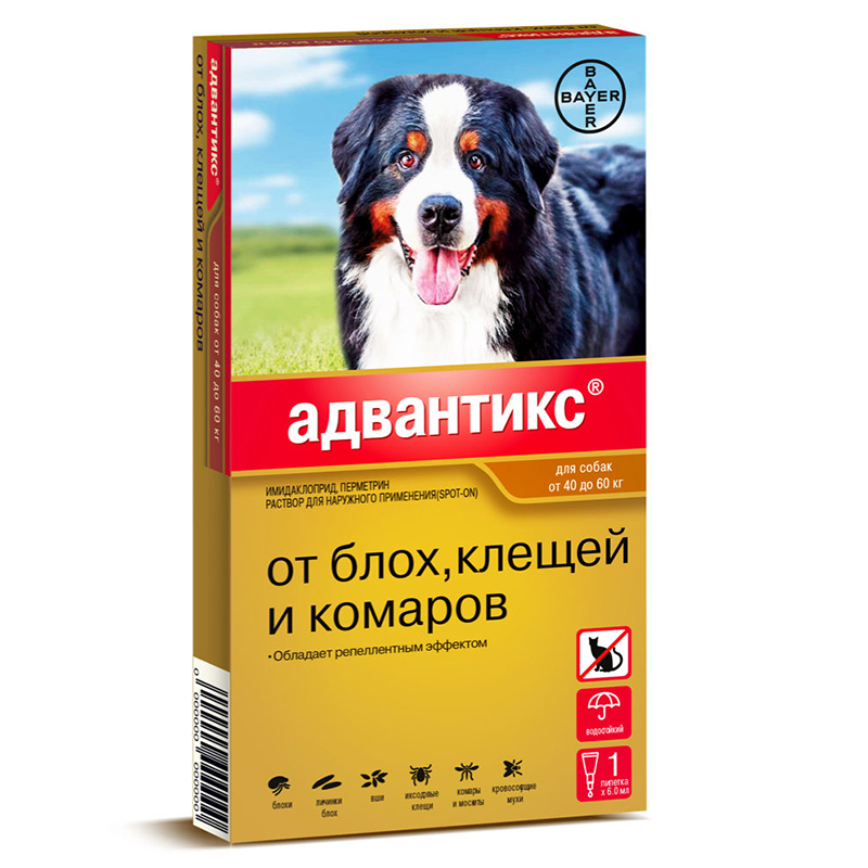 ПР0051386 Капли для собак BAYER АДВАНТИКС от блох, клещей и комаров 600 (40-60кг веса) 1 пипетка в упаковке Elanco 