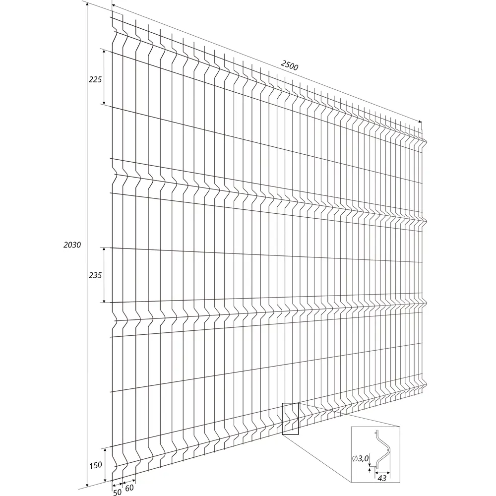 3D панель для забора Fine 2.5x2.03 м RAL 8017 коричневый 4 ребра Santreyd STLM-2202763 - Вид №3