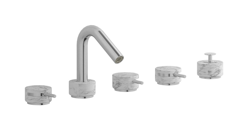 Смеситель на бортик ванной на 5 отверстий с дивертером и душевым гарнитуром. WE ARE IB mr396ss_1 Brushed Nickel Marmo