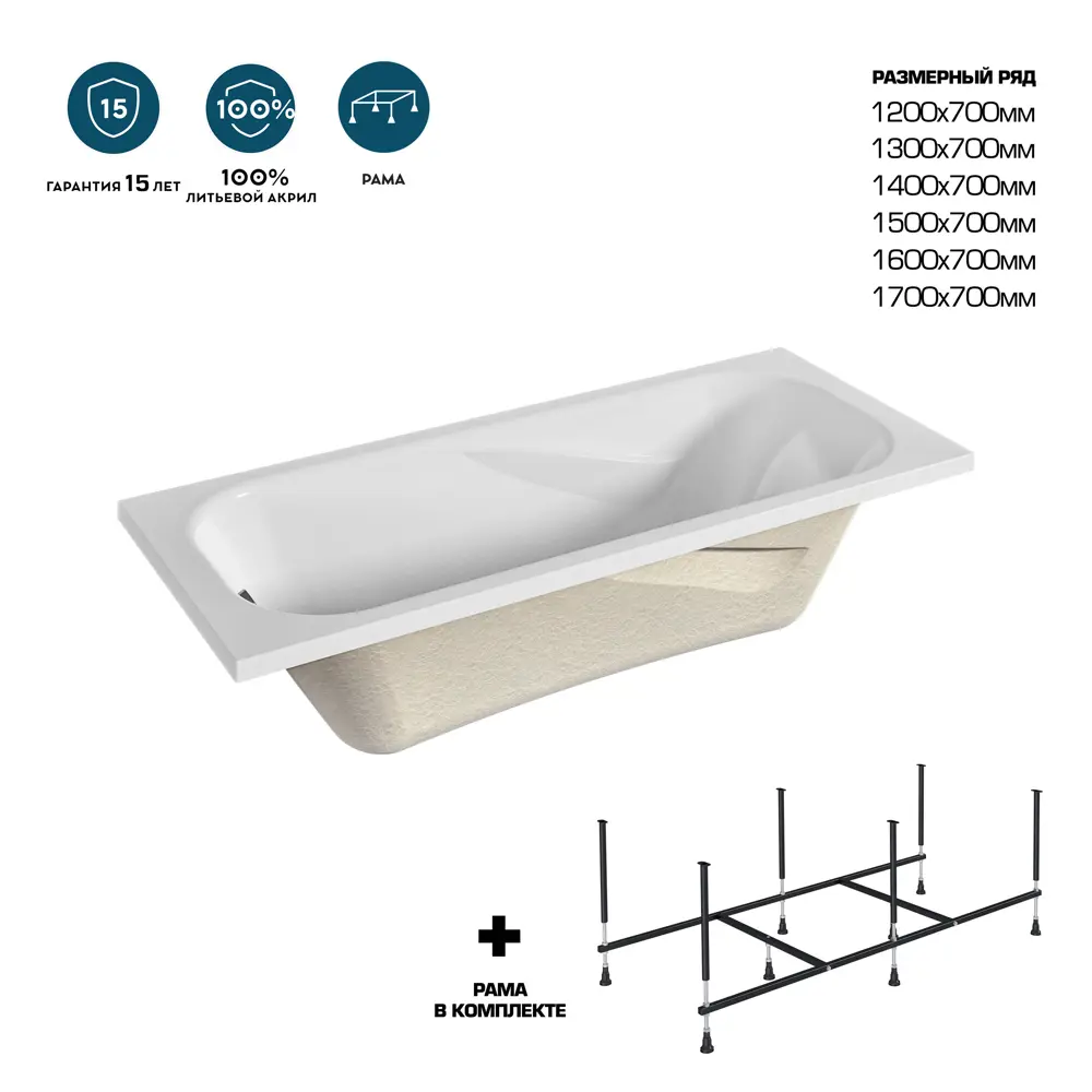 Ванна 100Acryl Luara акриловая 140x70 см ножки в комплекте STLM-2036890 - Вид №1
