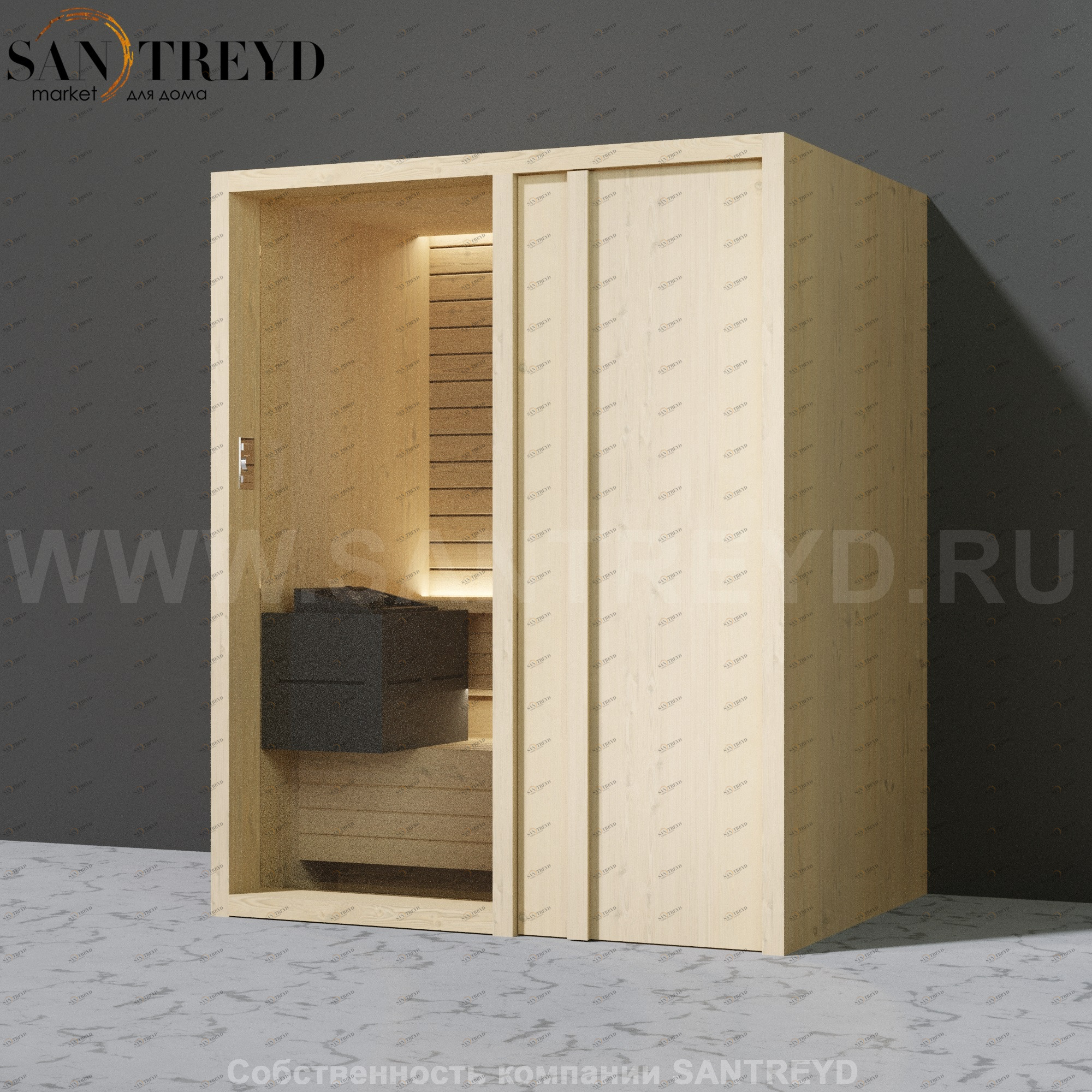 Effegibi YOKU.D45 SA.70200021 Сауна с правой дверью. Мощность: 4,5 кВт макс. Размеры: длина 174 см, ширина 132 см. Отделка: осина термообработанная SA70200021