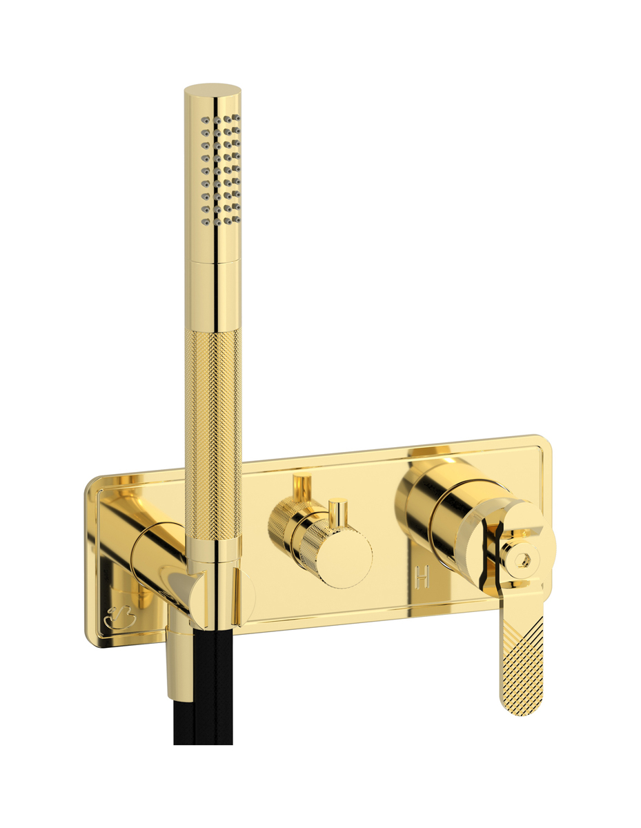 Внешние части встроенного в стену смесителя на 3 потребителя в комплекте с душевым гарнитуром. WE ARE IB b2314ii Pale Gold Bold