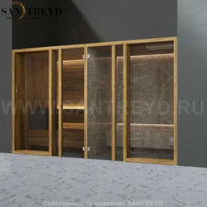 Effegibi YOKU.G SH YO.30220001 Комбинированная баня: хаммам и сауна. Установка: в нишу. Мощность: 10,5 кВт макс.Размеры: длина 342 см, ширина 170 см.  Отделка: термообработанное дерево и темный керамогранит