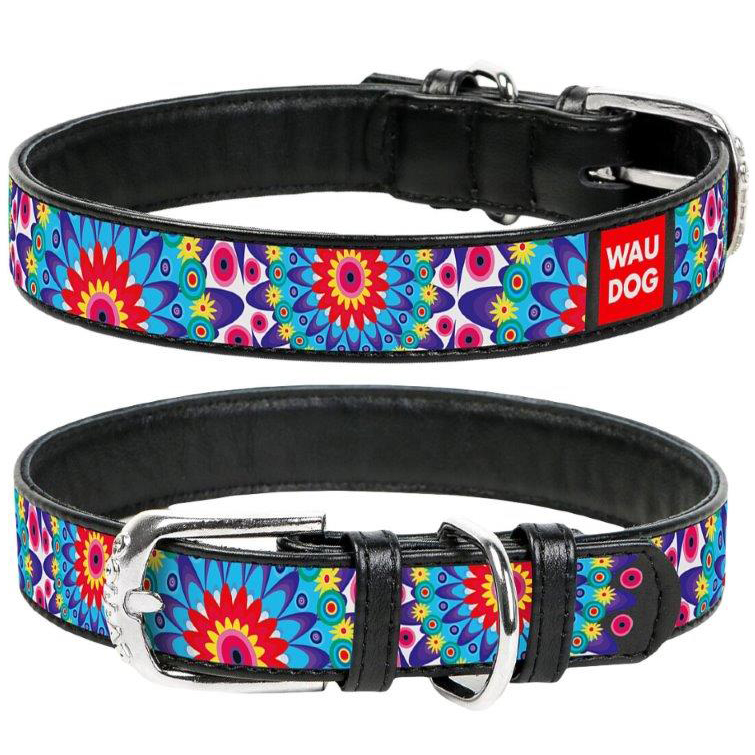ПР0048409 Ошейник для собак Waudog с рисунком Цветы, ширина 15мм, длина 27-36см черный COLLAR 