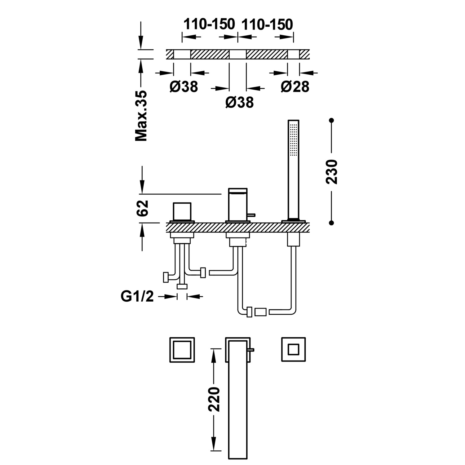 Смеситель для ванны CUADRO с одной ручкой -00616104 TRES  - Вид №1