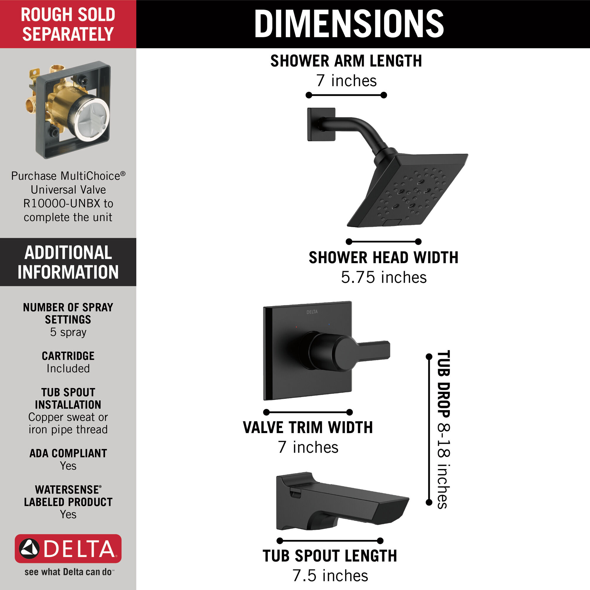 T14499-BL Monitor® 14 Series H2Okinetic® Ванна и душевая панель Delta Faucet Pivotal Матовый черный  - Вид №2