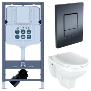 Комплект инсталляции Aquatek Pneumo N 49 с унитазом тип ободка закрытый Rosa Рио клавиша Aquatek Pnn-0000004 чёрная