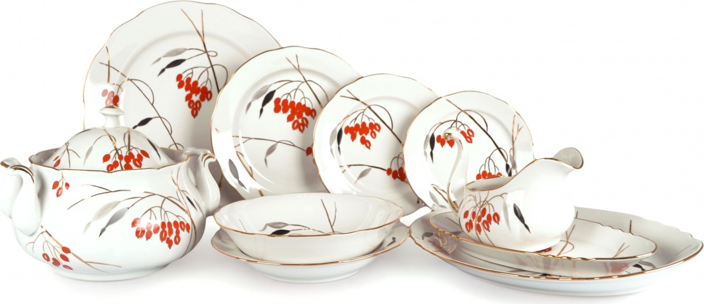 10631326 Дулевский фарфор Сервиз столовый 6/29 "Аппетитный" "Кизил" (с вазой для супа) Фарфор 