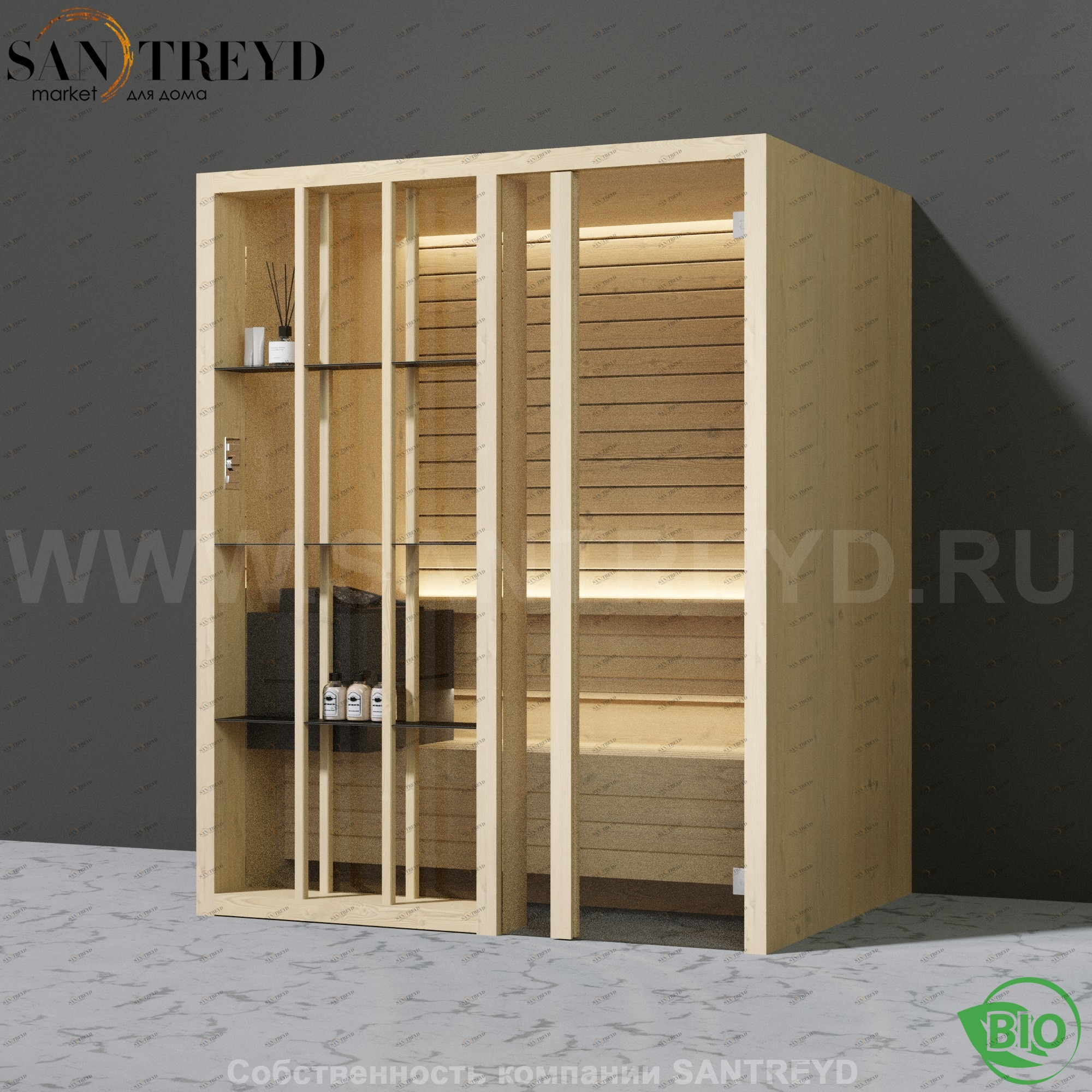 Effegibi YOKU.S45 BI.70100021 Био-сауна с правой дверью. Мощность: 4,5 кВт макс. Размеры: длина 174 см, ширина 132 см. Отделка: осина термообработанная BI70100021