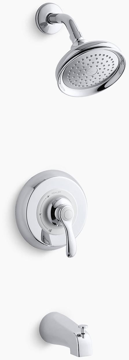 KOHLER Отделка клапана для ванны и душа Fairfax Rite-Temp с рычажной ручкой, скользящим изливом и насадкой для душа 2,5 галлона в минуту K-TS12007-4S-CP 