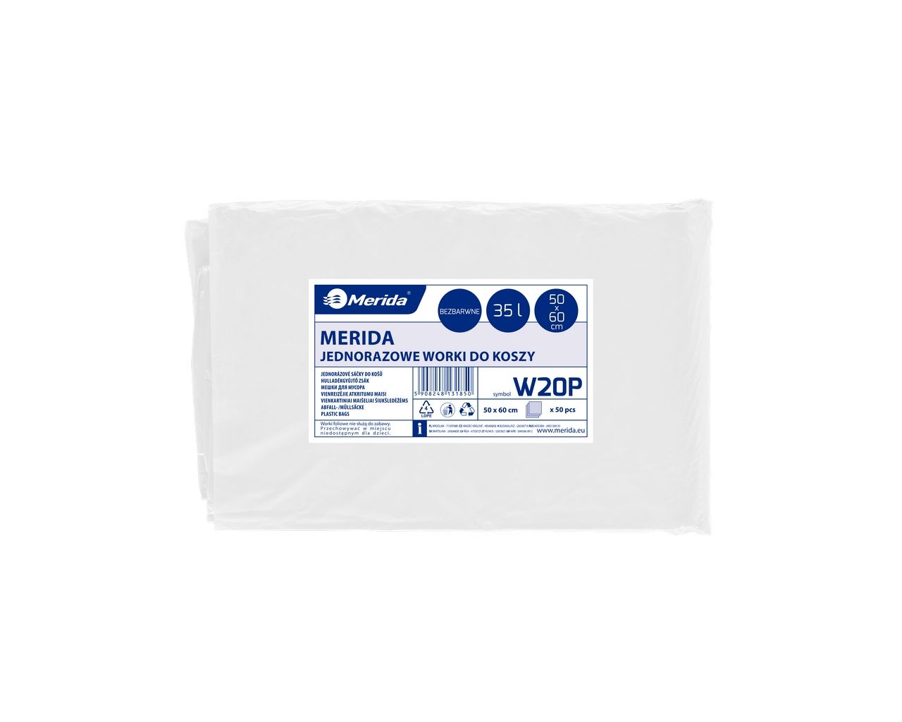 W20P Одноразовые мешки для мусора, 50 x 60 см, вместимость 35 л, 50 шт. в упаковке, ПРОЗРАЧНЫЕ, LDPE Merida 