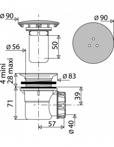 566000 000 00  Сифон для душевого поддона Д. 60 мм, круглая металлическая крышка, горизонтальный слив для приклеивания или соединения, NF, хромированный Valentin Хром  - Вид №2