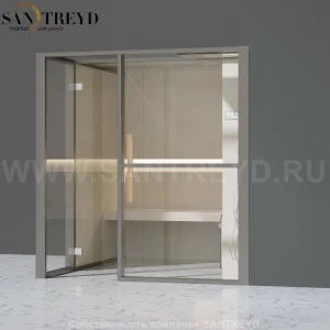 Effegibi LOGICAFILO H LO31010007 Хаммам. Установка: в правый угол. Правая дверь. Мощность: 4,5 кВт макс. Размеры: длина 214 см, ширина 250 см. Отделка: матовый лакированный серый аллюминий и бежевый ламинат из керамогранита.