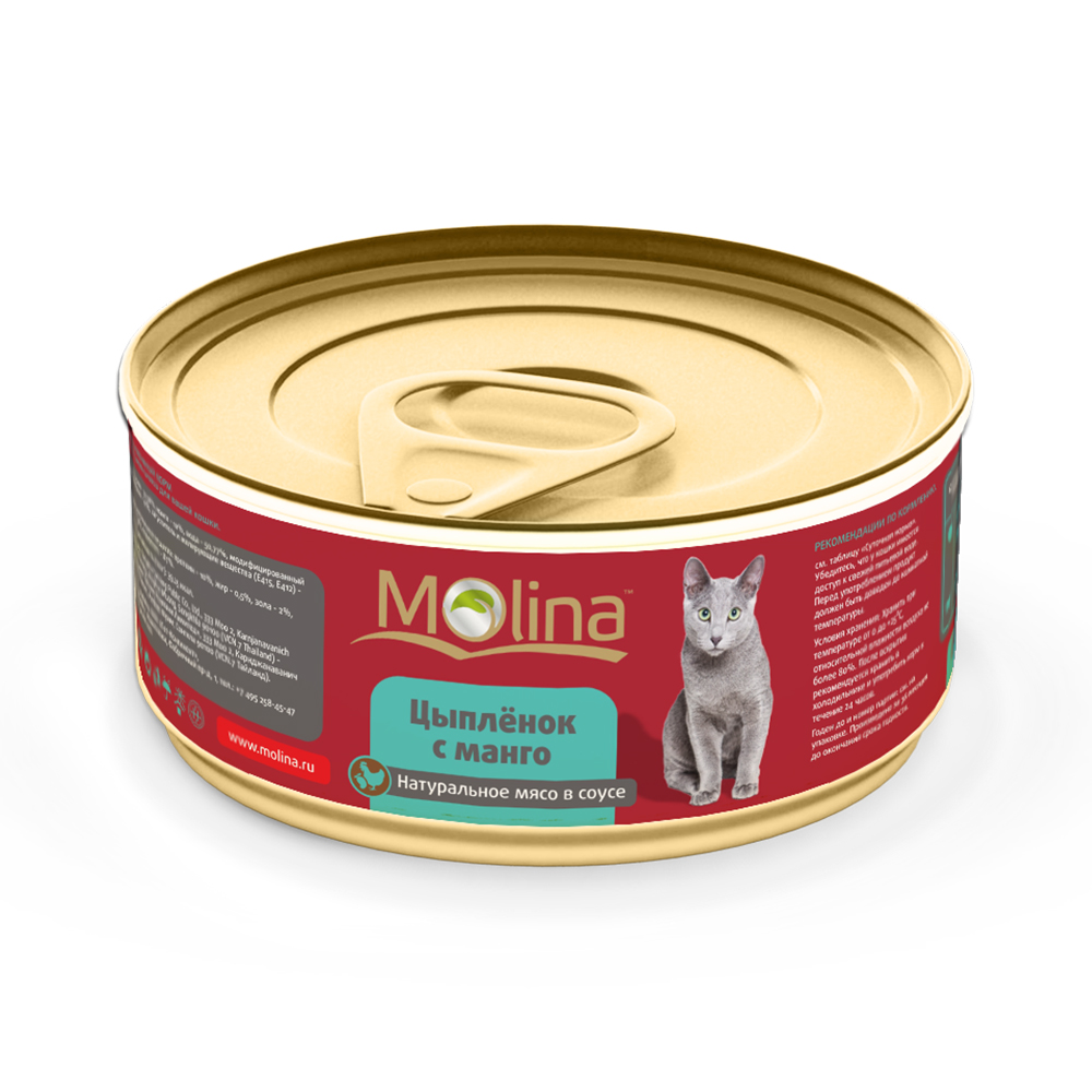 ПР0058752 Корм для кошек Цыпленок с манго в соусе банка 80г Molina 