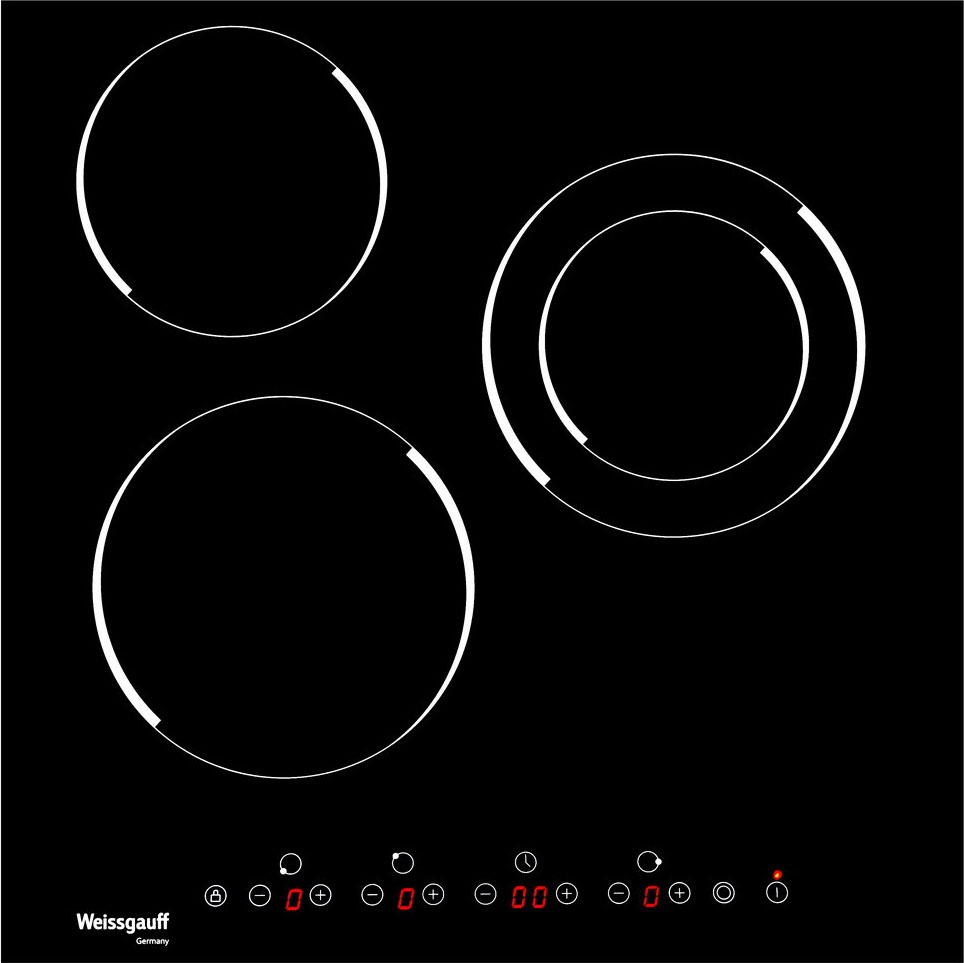 HVF 431 B Электрическая, 45 см, 3 конфорки, стеклокерамика vitro ceramic glass, сенсорное управление, индикация степени нагрева, таймер, блокировка от детей, 1 двойная зона нагрева, черная Weissgauff Santreyd 