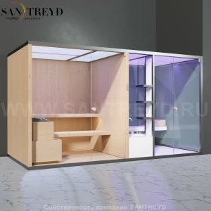 Effegibi BODYLOVE SH BL40130002 Фронтальная комбинированная баня: хаммам и сауна. Установка: в правый угол. Мощность: 15 кВт макс. Размеры: длина 393 см, ширина 176 см. Отделка: канадский хемлок, гладкое стекло и гладкий хемлок.