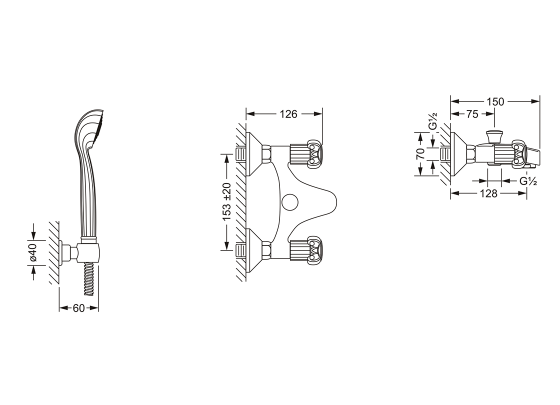 Смеситель для ванны с душевым гарнитуром ½“, настенный монтаж JOERGER Aphrodite 607.20.100.000 - Вид №1