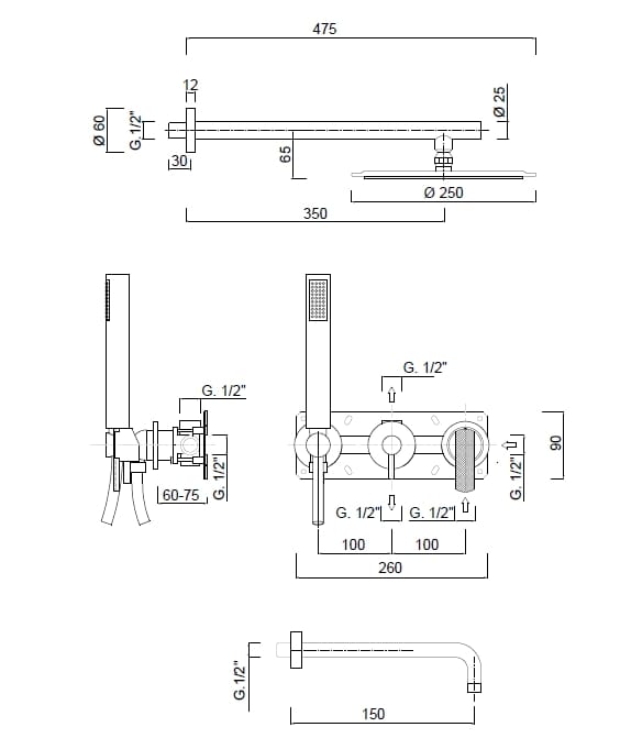 Настенный встраиваемый набор для ванны с ручным душем Rubinetteria Giulini Surf Deluxe ARCH-00119229 - Вид №2
