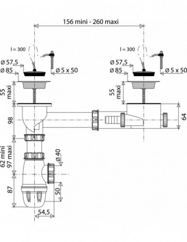 788000 000 00  Оборудование для мойки 2 чаши с переливом, Д. 60 мм, регулируемым межосевым расстоянием и сифоном, NF Valentin Сталь  - Вид №2