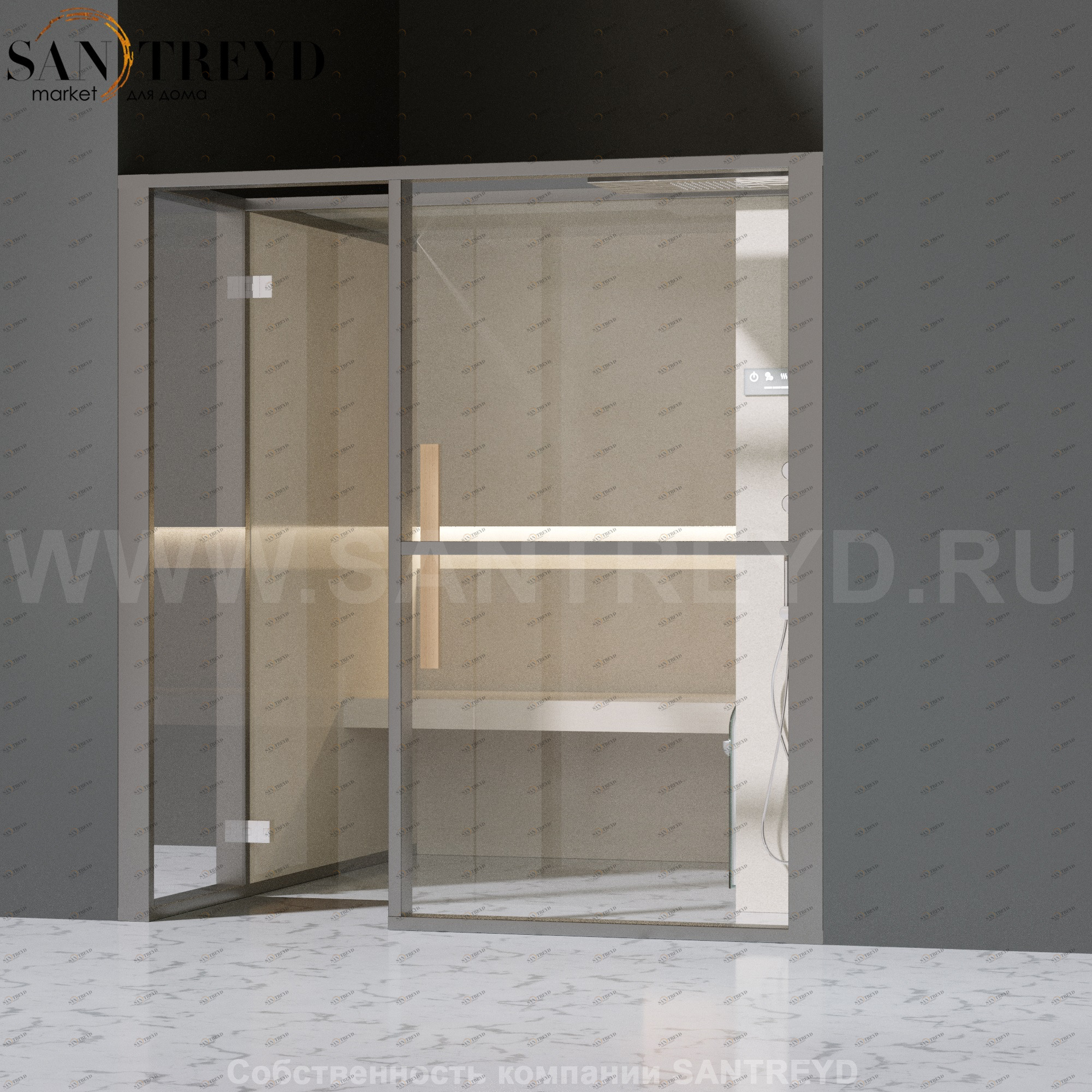 Effegibi LOGICAFILO H LO31010009 Хаммам. Установка: в нишу. Правая дверь. Мощность: 4,5 кВт макс. Размеры: длина 214 см, ширина 250 см. Отделка: матовый лакированный серый аллюминий и бежевый ламинат из керамогранита.