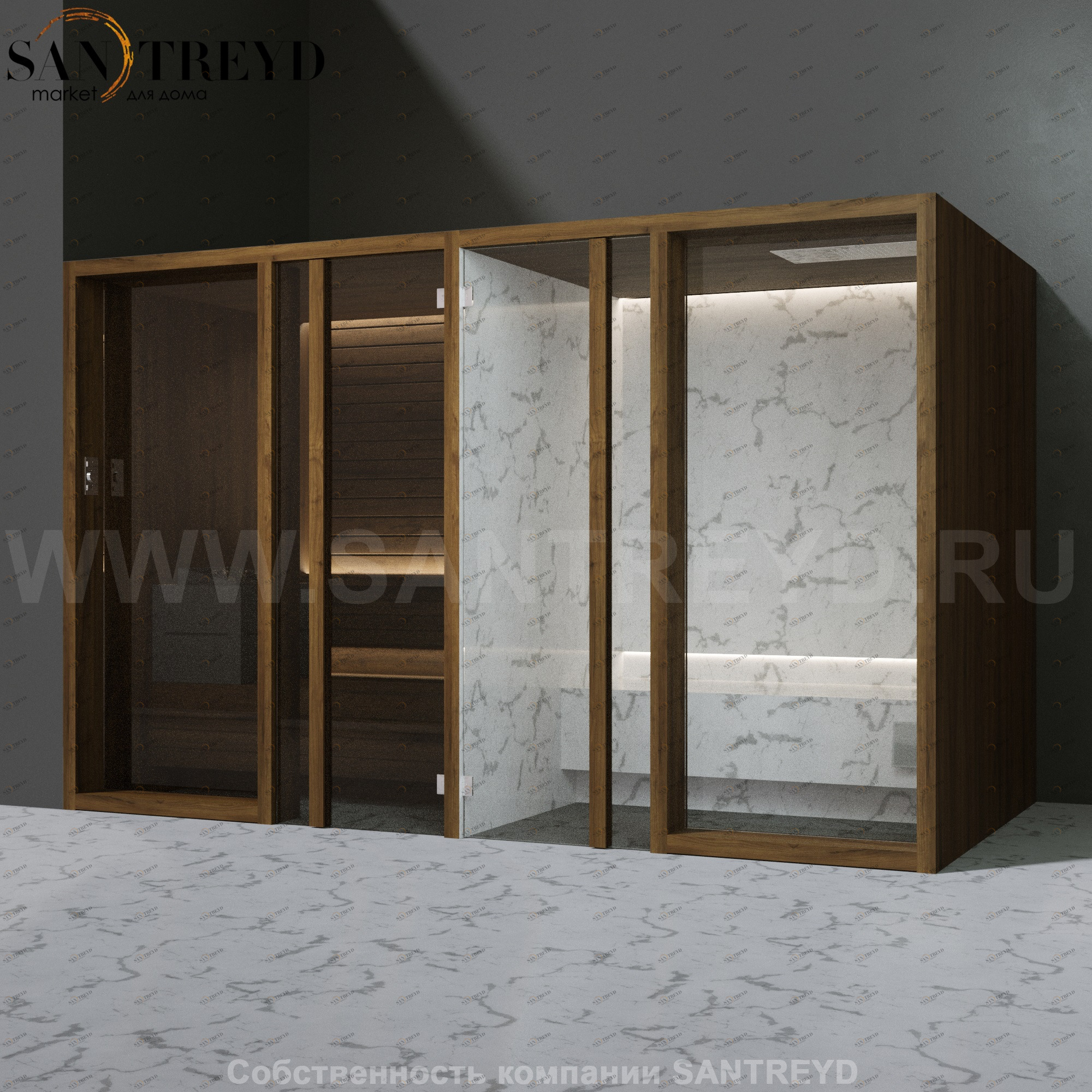 Effegibi YOKU.G SH YO.30310003 Комбинированная баня: хаммам и сауна. Установка: в левый угол. Мощность: 10,5 кВт макс. Размеры: длина 342 см, ширина 170 см. Отделка: чёрный орех и светлый керамогранит YO30310003