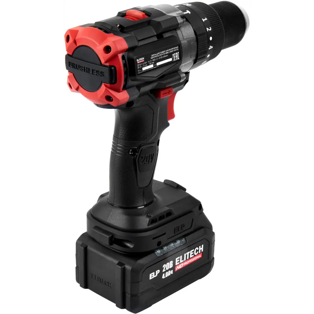 89399011 Дрель-шуруповерт аккумуляторная бесщеточная Elitech HD CD 20BL2 20 В Li-ion 2x4 Ач STLM-1422223  - Вид №6