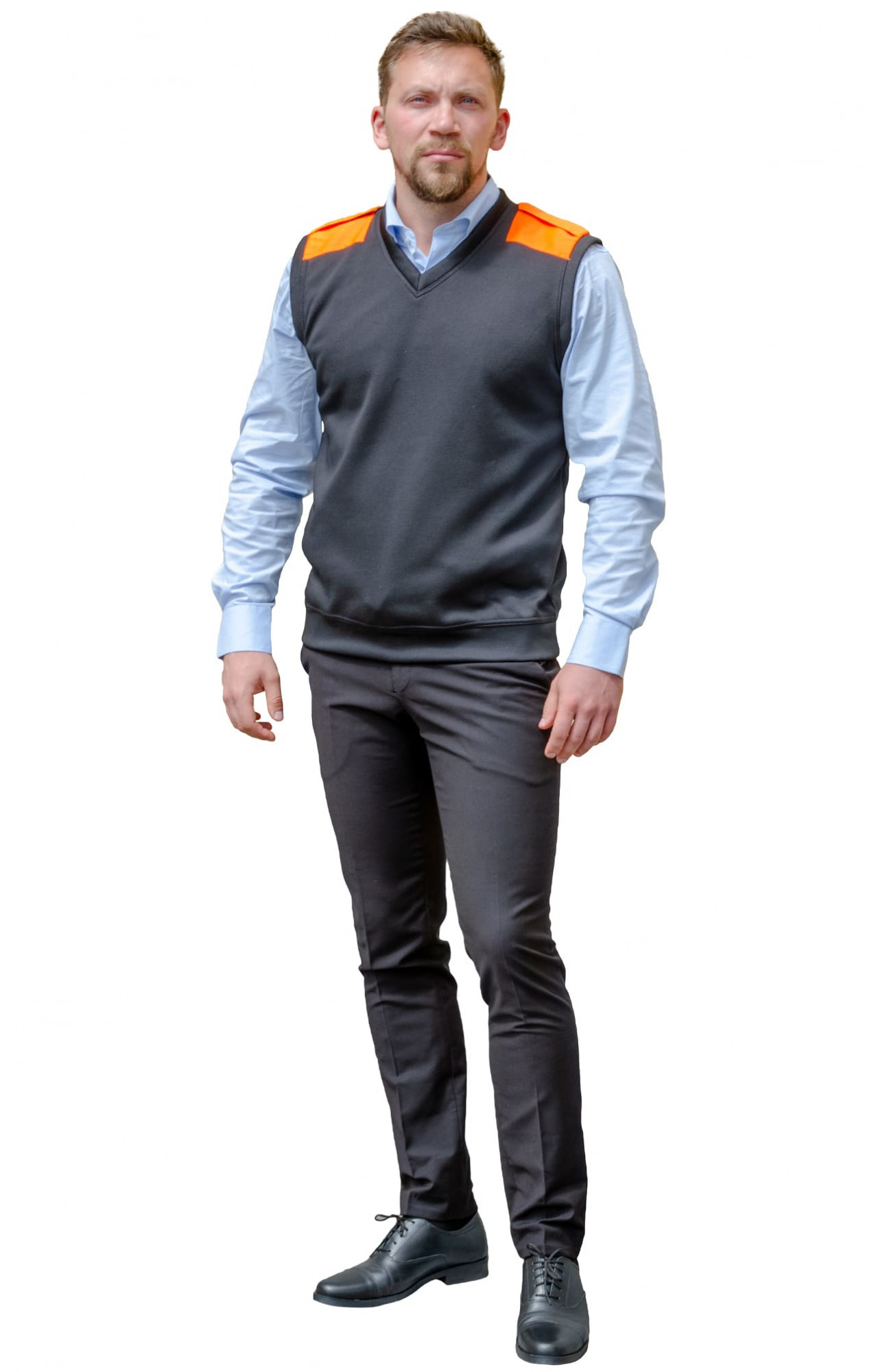 67746 Жилет "ОМЕГА" цвет черный с оранжевым  Одежда для охранных структур  размер 44-46 Спецодежда 