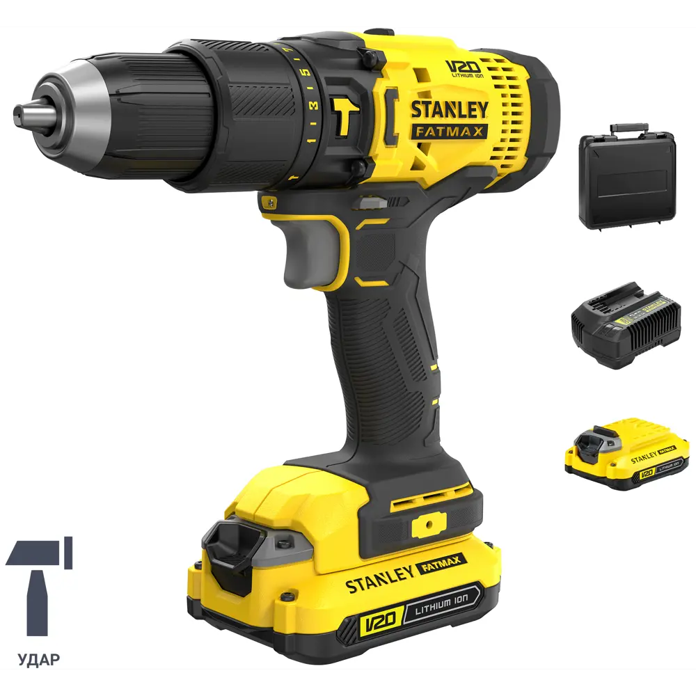 Дрель-шуруповерт аккумуляторная ударная Stanley Fatmax SCD711C2K, 18 В Li-ion 2x1.5 Ач STLM-2197938