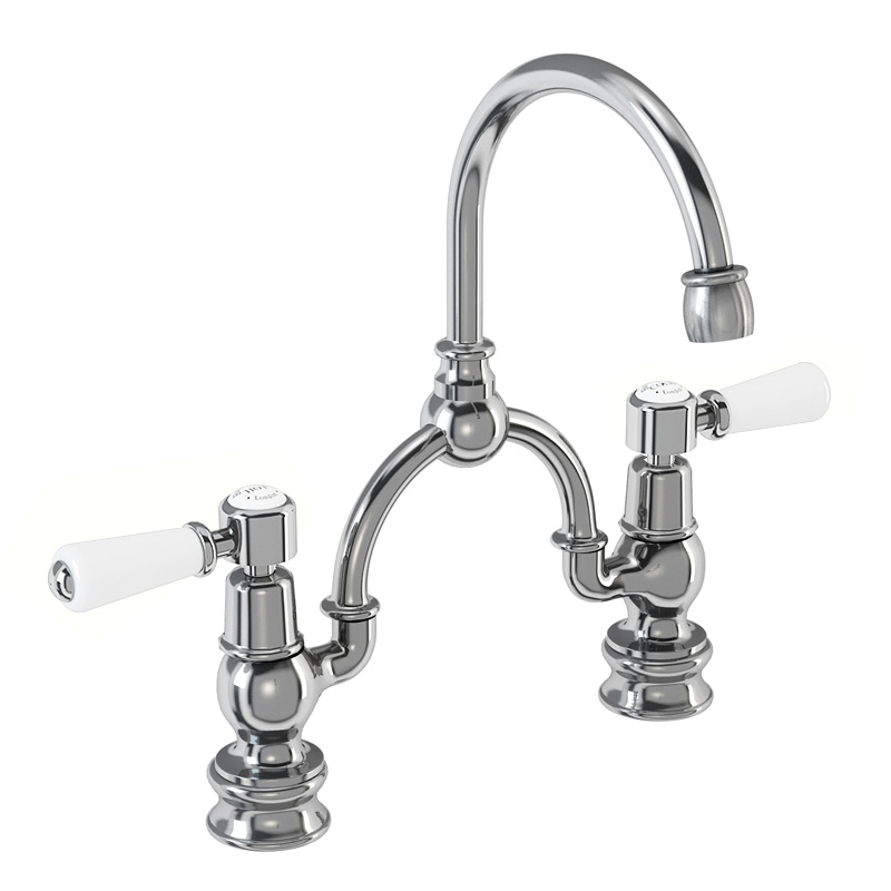 Burlington Смеситель Regent Arch с 2 отверстиями для смесителя Kensington с изогнутым изливом (центры 230 мм) Четверть оборота с черным акцентом KER28-QT BLA  - Вид №1