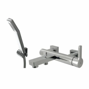 Смеситель для ванны настенного монтажа 1/2 ”. Керамический картридж Ø35 мм. Автоматический дивертер и аэратор «плюс». Межосевое расстояние 150 +/- 15 мм. Включает 175 см. длинный гибкий душ, ручной душ и настенный кронштейн. Расход для душа: 11,6 л / мин.