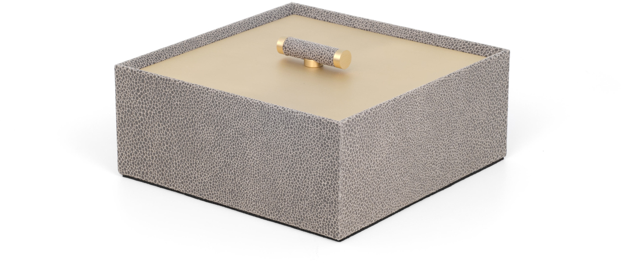 Iside Box - 17,6X17,6XH7,5 см / металлическая отделка_сатинированная латунь / плетеная кожа_светло-серый