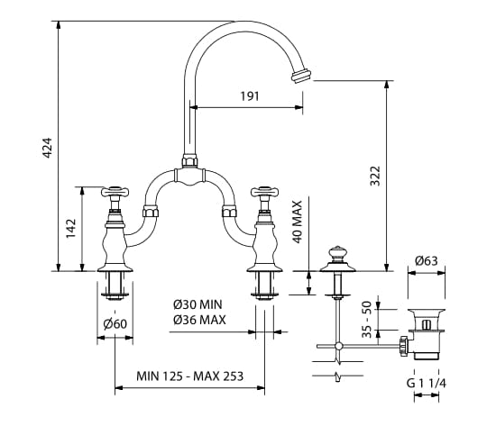 Смеситель для раковины с 3 отверстиями и автоматическим сливом Park Avenue Джеймс ARCH-00098449 - Вид №2