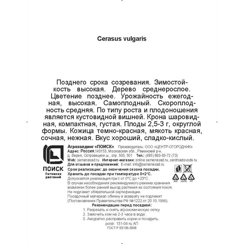 Вишня обыкновенная Изобильная h200 см Поиск Инвест 84399287 STLM-2151979 Santreyd  - Вид №2