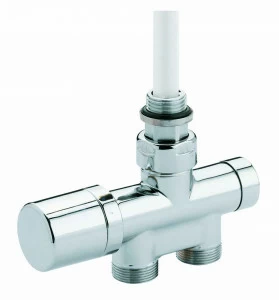 Carlo Poletti V81711I Клапан термостатический, одно/двухтрубный с by-pass и держателем, центральное подсоединение. Версия угловая с подключением медной или пластиковой трубы. Межосевое расстояние 40-50 мм.